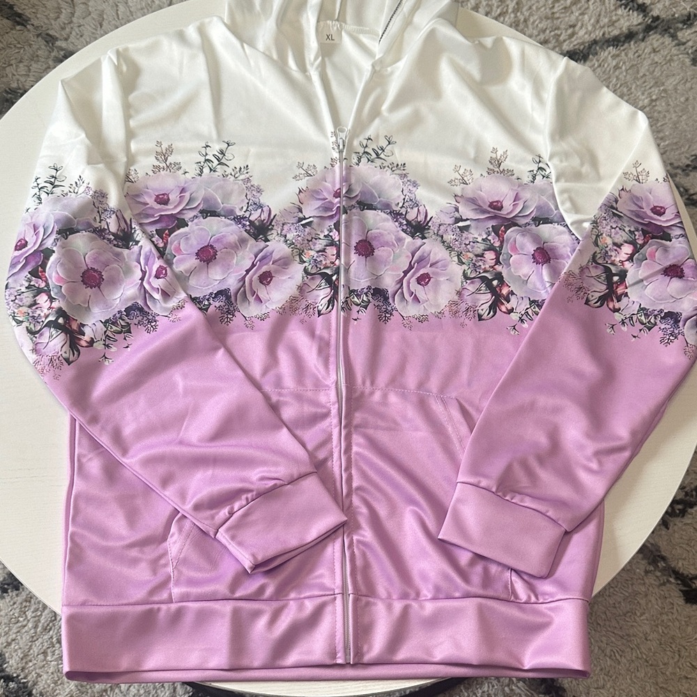 Floral Ombre Zip Hoodie Jacket - Lavender & White